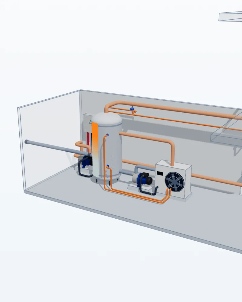 The plant room in 3D: the hot water vessel, the heat pump and its circulation pump, the recirculation pump and its panel, and the hot line to every floor