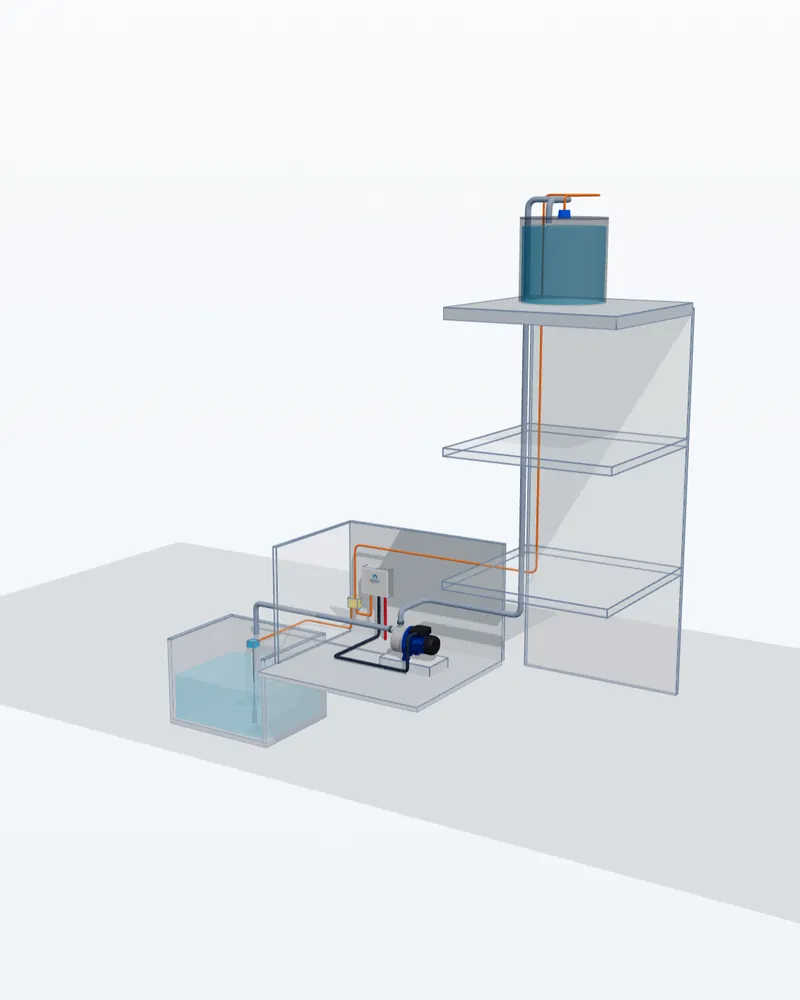 The pump room in 3D: the sump under the ground, the pump and its panel in the pump room beside it, and the overhead tank on the terrace