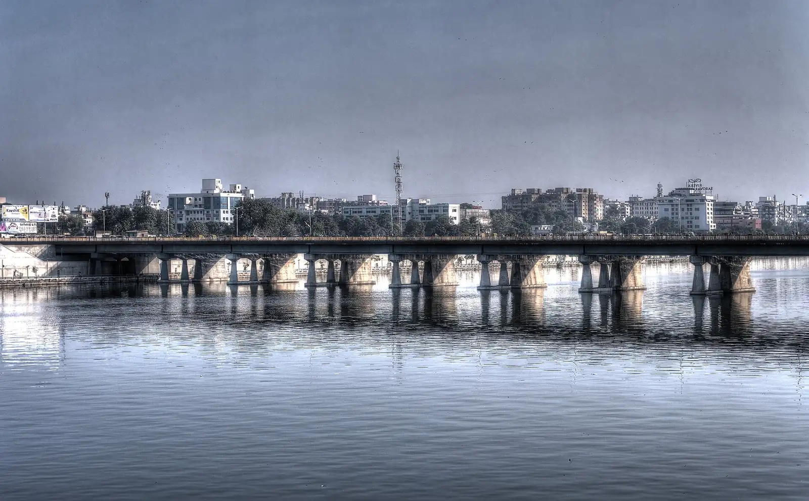The Sabarmati Riverfront and a bridge across the river in Ahmedabad