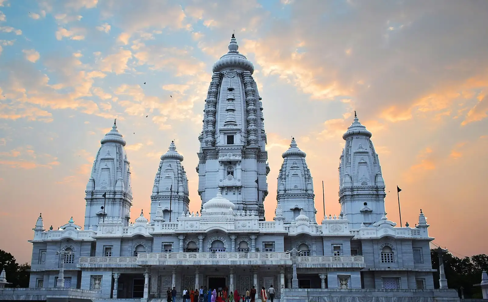The white marble spires of the JK Temple, Kanpur, at sunset