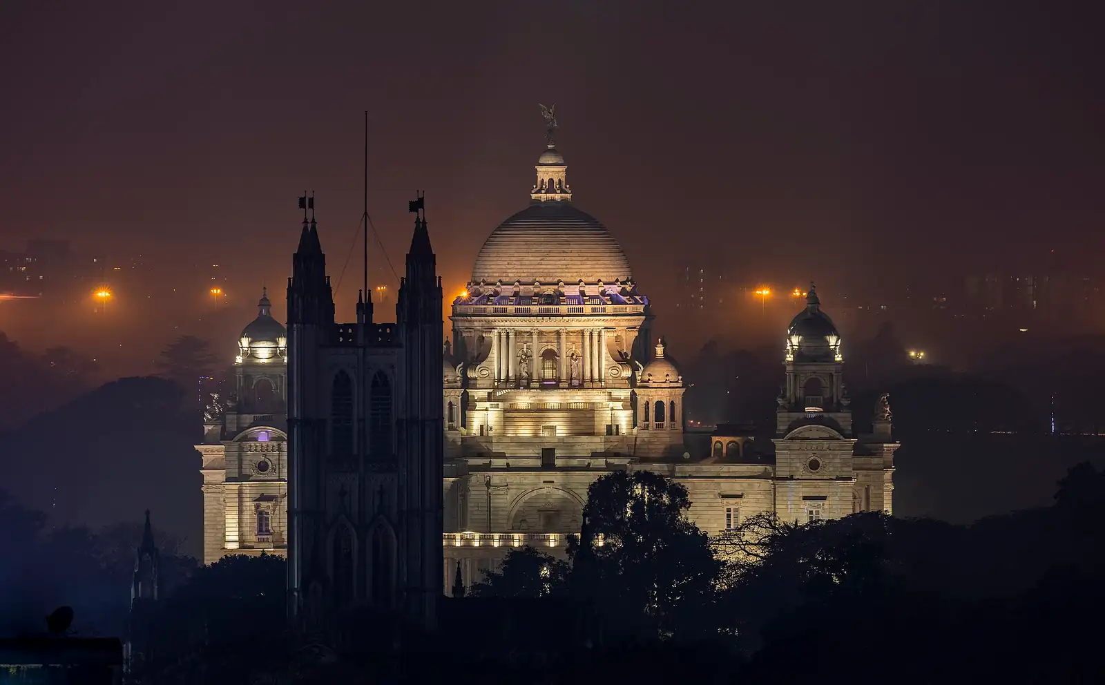 Victoria Memorial, Kolkata, lit up at dusk