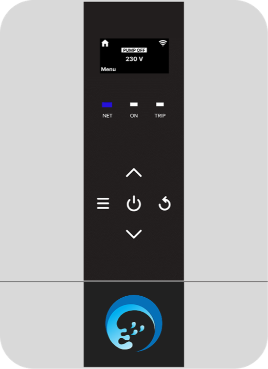 The APCON controller faceplate: a display reading PUMP OFF and 230 V, NET, ON and TRIP indicator lamps, and menu, power and reset keys