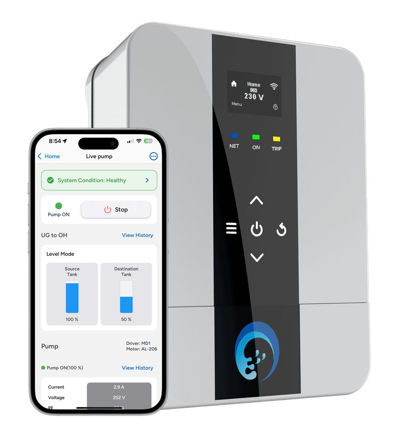 APCON smart motor driver with the Devyami app showing live pump monitoring — current, voltage and tank levels