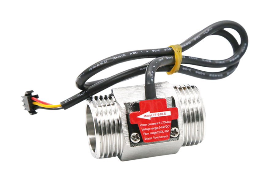 Inline digital water flow sensor with threaded brass ports and a three-wire pulse output lead