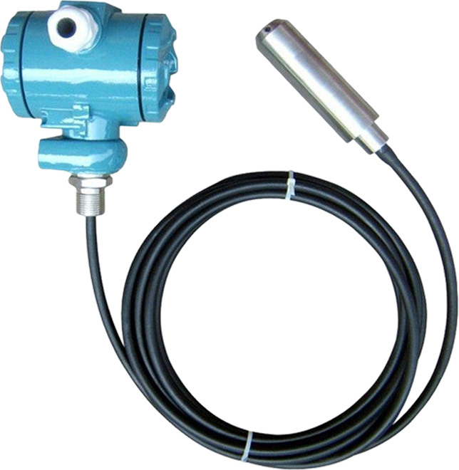Hydrostatic level transmitter: a stainless submersible probe on a long screened cable, with its field housing and terminal head