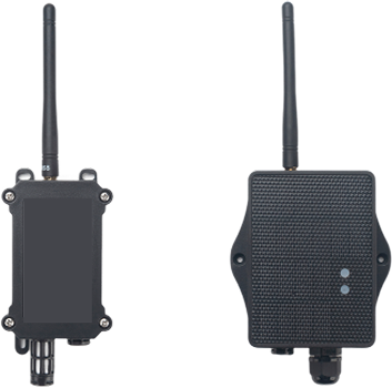 A pair of weatherproof LoRa radio modules with external antennas, shown front and back, with a cable gland for the sensor lead