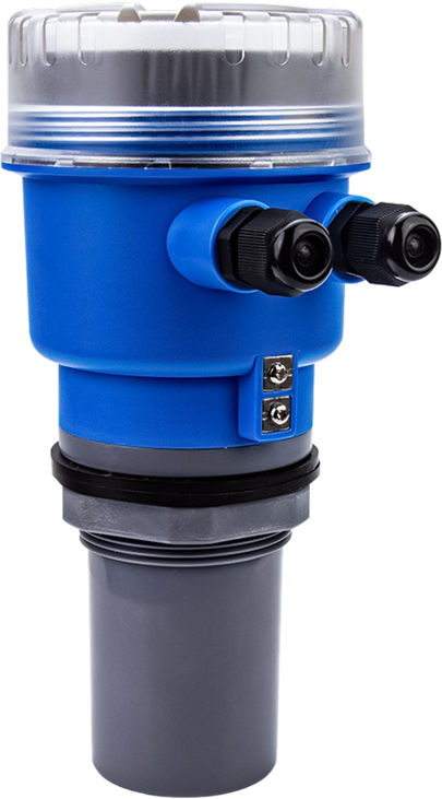 Ultrasonic level sensor: a blue transmitter housing with a clear screw-on cap, cable glands and a grey horn transducer that faces down into the tank